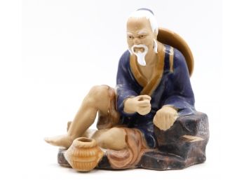 Original Vintage Oriental Glazed Ceramic Figurine - Chinese Wanjiang Mudman Fisherman (0655)