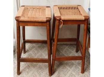 A Charming Pair Of Wooden Stools W/ Rope Woven Seat - 29x15 (0801)