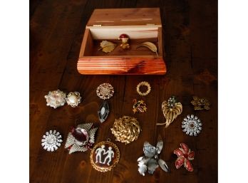 Lot Of Assorted Brooches -  Comes W/ Wooden Jewelry Box(013)