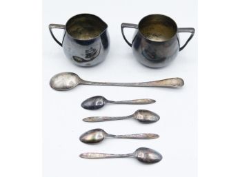 Empire Crafts - Quadruple Plate - Pair Of Creamers W/ Lot Of Silver-plated  Spoons (0791)