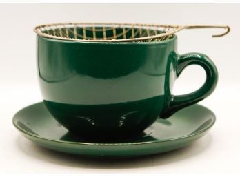Large Green Tea Cup With Saucer W/ Metal Strainer (0670)