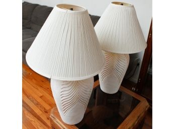A Pair Of Charming Sand Toned Ridged Lamps 30x18 * Matching Tower Floor Lamp Available In This Auction* (G182)