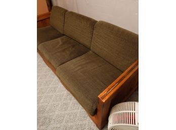 Heavy Solid Wood 3 Seated Sofa With Olive Green Cushions - Condition As Is  (0797)