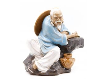 Original Vintage Oriental Glazed Ceramic Figurine - Chinese Wanjiang Mudman Fisherman (0654)