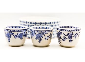 'Town' - Blue And White Walker China - 3 Small Sake Mugs And Matching Bowl ()