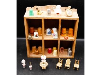 Lot Of Miniature Furniture Pieces W/ Collection Of Thimbles - Comes With Wooden Display Shelving  (0879)
