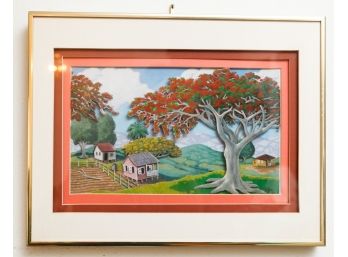Luis Germn Cajiga 1985 Flamboyant Tree, Puerto Rican Art - Landscape,  27x15 - Signed -  (LR)