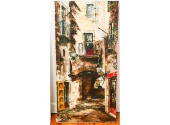Oil On Canvas -Old Barcelona Scene - Both 24x12 - Signed Llopart (0758)