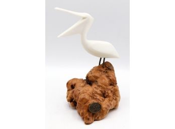 John Perry Sculpture Pelican Bird Burl Wood Base - Satue Nautical Decor  (0657)