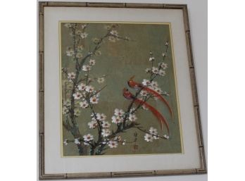 Vintage Japanese Cherry Blossom Birds Floral Framed Art
