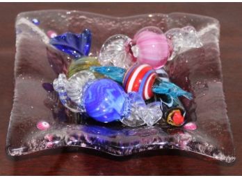 Vintage Glass Candy Dish With Glass Candies