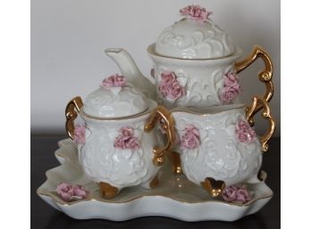 Cracker Barrel Porcelain Tea Plate Wit Sugar Bowl& Creamer Pitcher Pink Roses