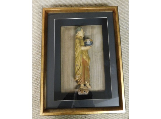 Antique Tibet Stone Statue In Shadow Box Display Frame (w207)