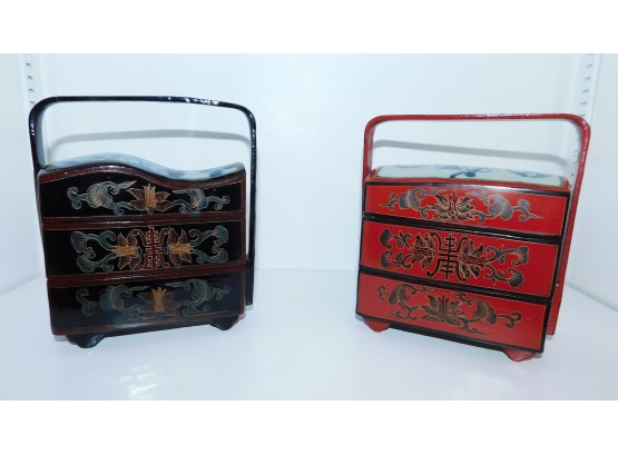 Lovely Pair Of Vintage Chinese Tiered Lunch Box With Ceramic Insert (w034)