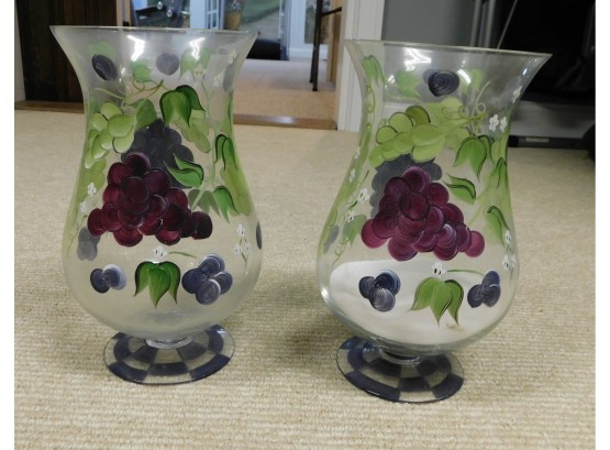 Lovely Pair Of Glass Handpainted Vases With Grape Pattern (w164)