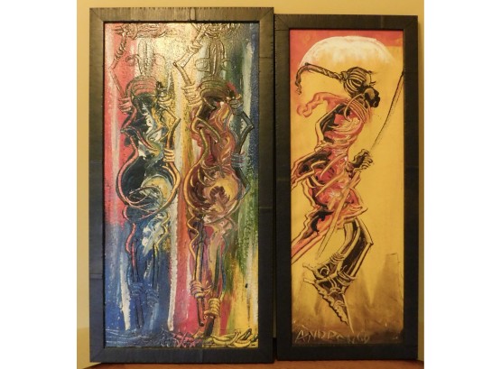 Pair Of African Hand Painted Folk Art Framed (w018)