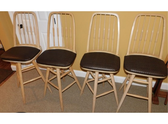Set Of 4 Oak Swivel Barstools With Leather Weaved Cushions (w017)