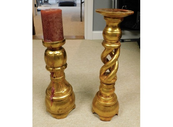 Pair Of Gold Painted Solid Wood Candle Holders (w162)