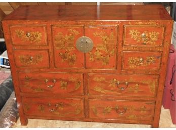 Oriental Style Credenza Red Lacquer Finish With Hand-painted  Gold Decorations (w004)