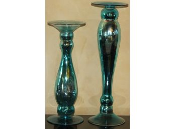 Pair Of Blue Pillar Glass Candle Holders (127)
