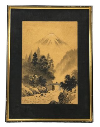 Signed Japanese Landscape Painting On Silk, Mount Fuji - #BW-A10