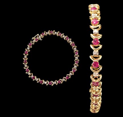 10K Yellow Gold & Natural Ruby Bracelet With Accent Diamonds - #JC
