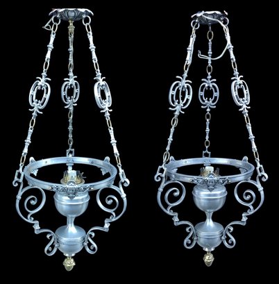 Art Nouveau Style Electrified Hanging Lamps With Nickel & Brass Finish (Set Of 2) - #S2-5