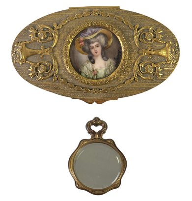 French Dore Box With Hand Painted Portrait & Cafe Des Beaux Arts Pocket Mirror - #JC-R