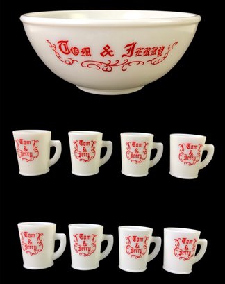 Vintage McKee Tom & Jerry Milk Glass Punch Bowl Set - #S10-2
