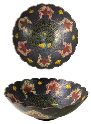 Vintage Enameled Brass Pedestal Bowl, Peacock Motif - #S6-3