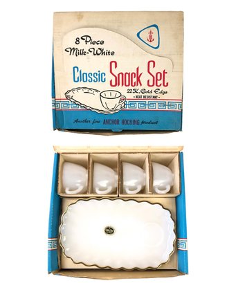 Anchor Hocking 22K Gold Trim Milk Glass Snack Set With Original Box - #S14-3