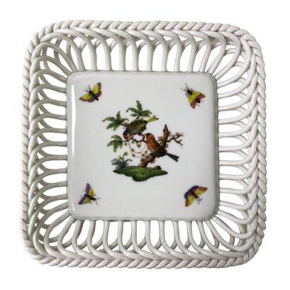 Herend Rothschild Bird Porcelain Open Weave Square Basket (Made In Hungary) - #FS-6