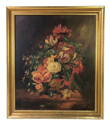 Floral Still Life Oil On Canvas Painting, Signed - #RBW-W