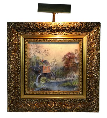 Vintage Watermill Landscape Watercolor Painting, Gilt Framed With Picture Light - #S5-3