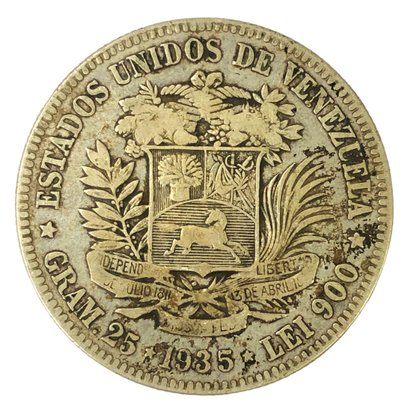 1935 Venezuela 5 Bolivares Coin - #JC-B
