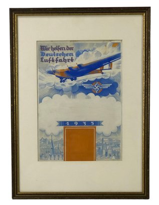 1935 German Military Propaganda Gouache On Paper, 'We Support German Aviation' - #A5