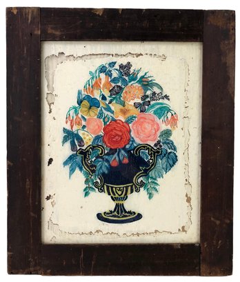 Antique Floral Still Life Reverse Painting On Glass - #A10