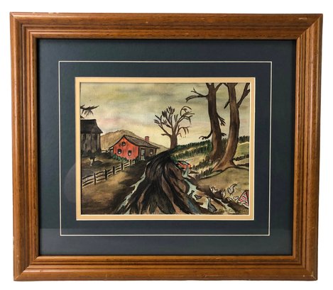 Country Farm Landscape Watercolor Painting, Signed - #A1