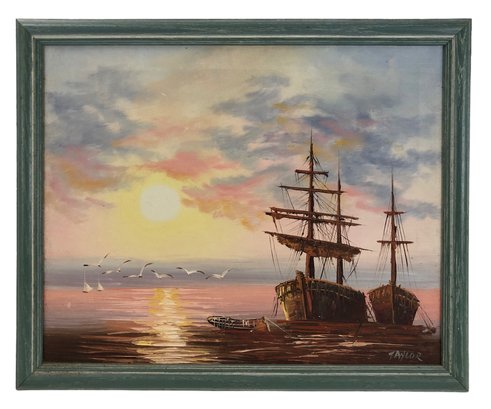 Sunset Fishing Harbor Landscape Oil On Canvas Painting, Signed - #C1