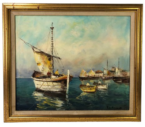 Italian Impressionist Harbor Scene Oil On Canvas Painting, T.L. Novaretti (Italy, B. 1903) - #B3