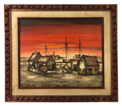 Harbor Landscape Oil On Canvas Painting, Hugo Casar (Germany, 1911-1975) - #B4
