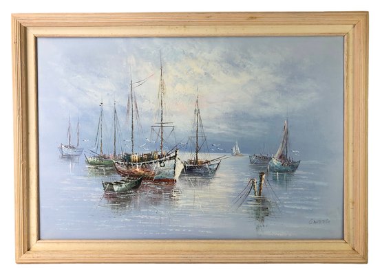 Harbor Scene Oil On Canvas Painting, Signed - #BR