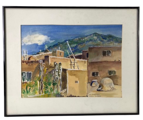 St. Jerome's Chapel, Taos Pueblo, New Mexico Watercolor Painting By Marc Statler - #A9