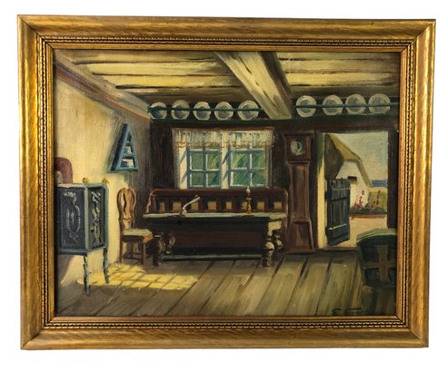 English Cottage Interior Still Life Oil On Canvas Painting, Signed - #C2