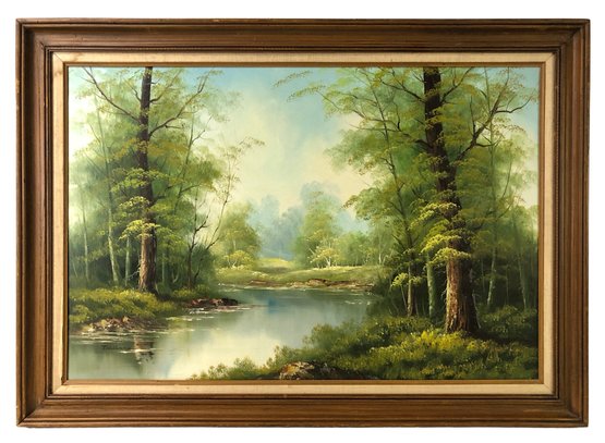 Woodland River Landscape Oil On Canvas Painting, Signed T. Williams - #SW-6