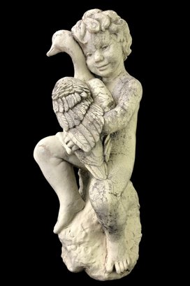Boy Holding A Duck Cement Garden Statue By Hen-Feathers Collection  - #W1