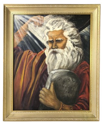 Moses & The Ten Commandments Oil On Canvas Painting, Signed - #SW-6