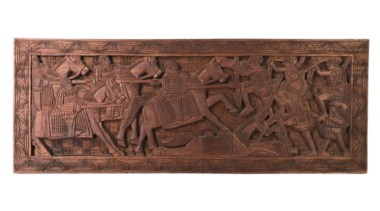 Vintage African Tribal Relief Carved Wood Panel Depicting Tribal Warfare Scene - #SW-9