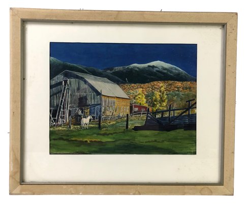 American Farmstead Landscape Watercolor Painting, Signed - #B1
