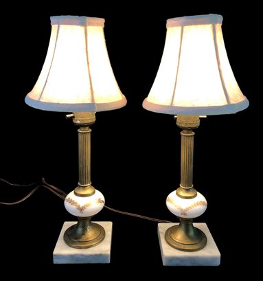 Milk Glass & Metal Table Lamps With Marble Base (Set Of 2), WORKS - #S15-4